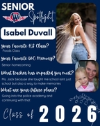 West Central High School Senior Spotlight for Isabel Duvall, Class of 2026. The graphic features Isabel on a wooden bridge in jeans and a white top, paired with a photo of her as a young girl. Text details her love for Foods class, her Senior Homecoming m